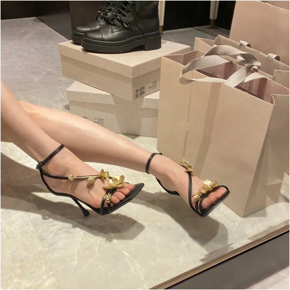 Women s high heeled sandals with gold floral square toe stiletto heels and a sexy open toe design image 1