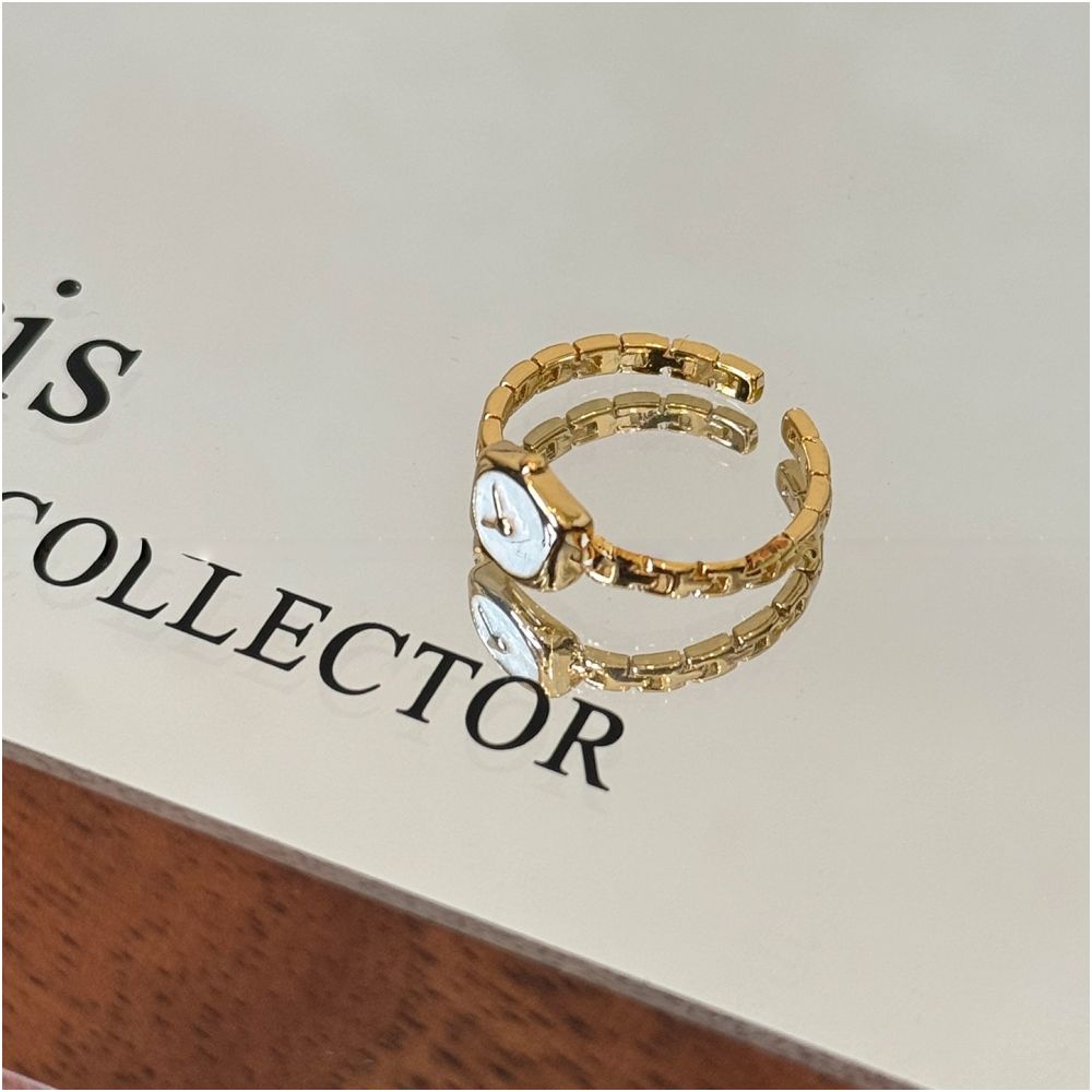 A reverse clock design a minimalist watch chain ring for women adjustable thin with a drop glaze finish for the index finger