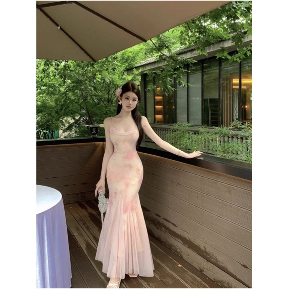 Beach vacation style mesh floral sundress for women summer pure and sexy waist cinching hip hugging mermaid maxi dress image 1
