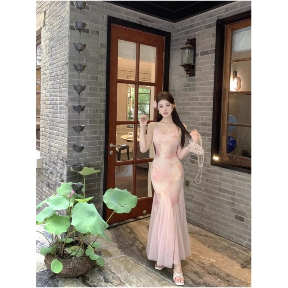 Beach vacation style mesh floral sundress for women summer pure and sexy waist cinching hip hugging mermaid maxi dress image 3