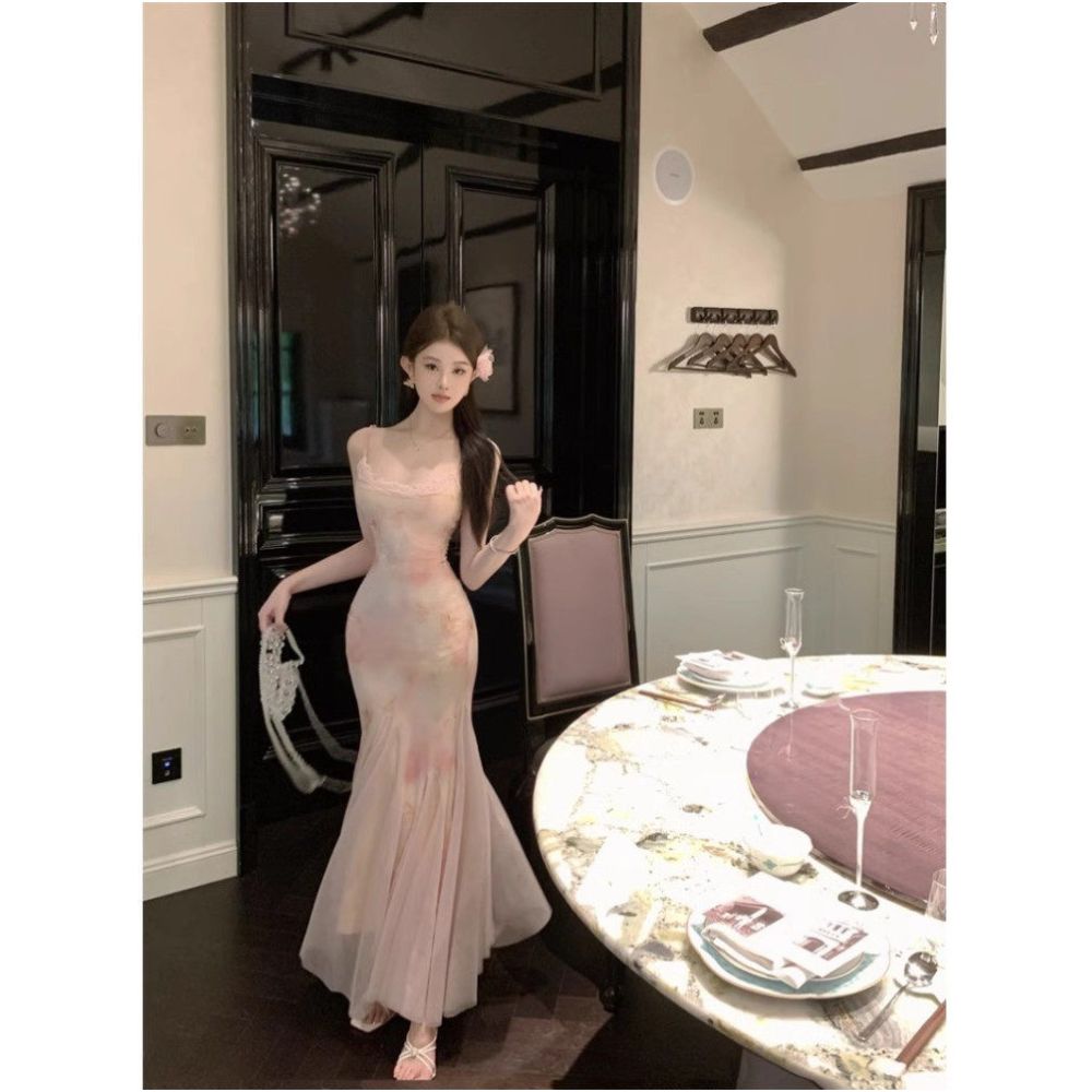 Beach vacation style mesh floral sundress for women summer pure and sexy waist cinching hip hugging mermaid maxi dress image 4