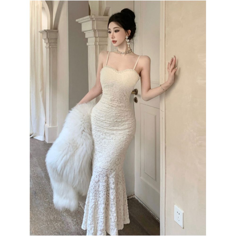 Heavy duty beaded lace fishtail slip dress French elegance slim fit flattering and slimming paired with a strapless bodycon skirt image 1