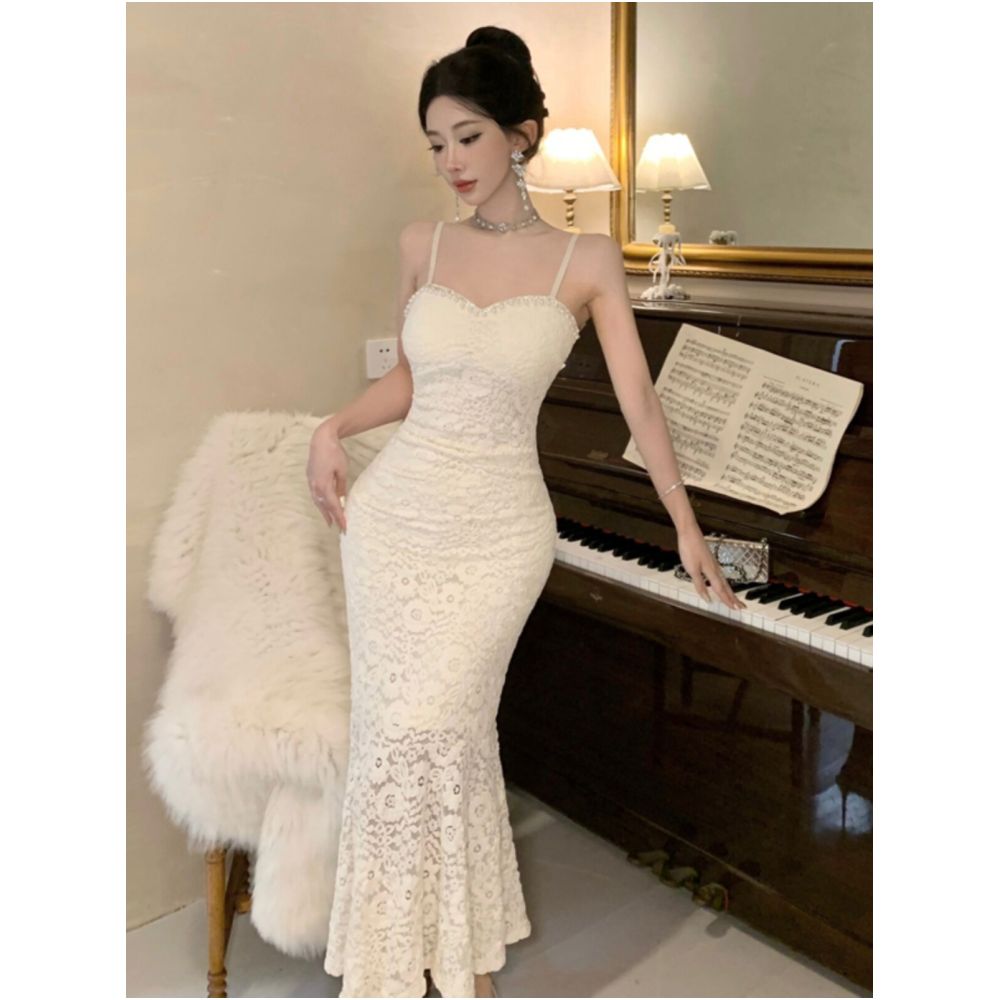 Heavy duty beaded lace fishtail slip dress French elegance slim fit flattering and slimming paired with a strapless bodycon skirt image 2