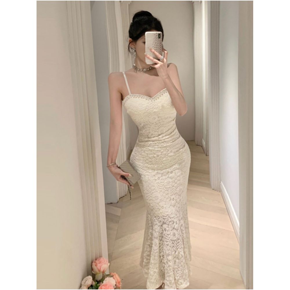 Heavy duty beaded lace fishtail slip dress French elegance slim fit flattering and slimming paired with a strapless bodycon skirt image 3