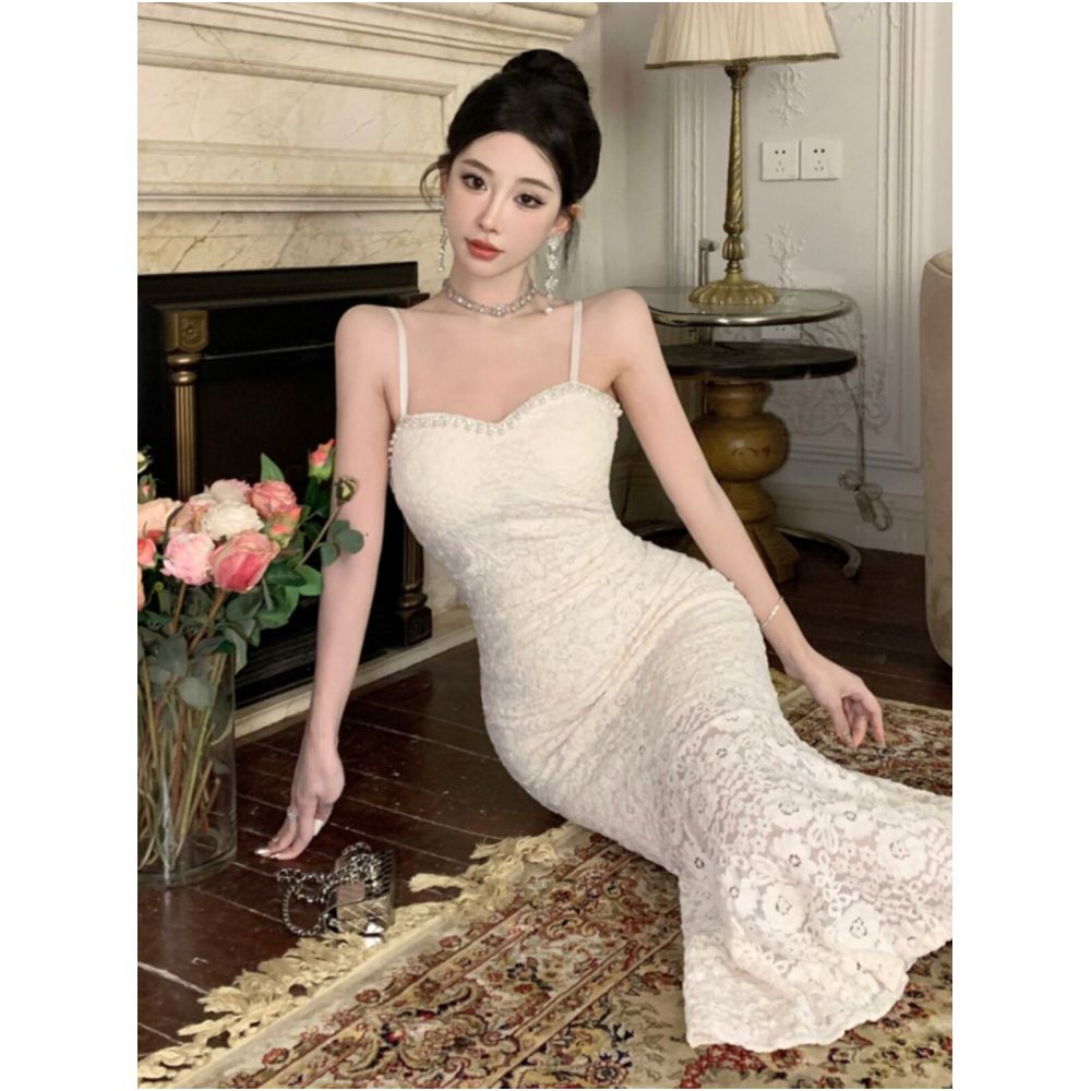 Heavy duty beaded lace fishtail slip dress French elegance slim fit flattering and slimming paired with a strapless bodycon skirt image 4