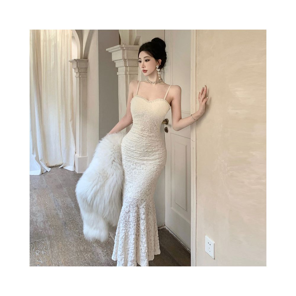 Heavy duty beaded lace fishtail slip dress French elegance slim fit flattering and slimming paired with a strapless bodycon skirt