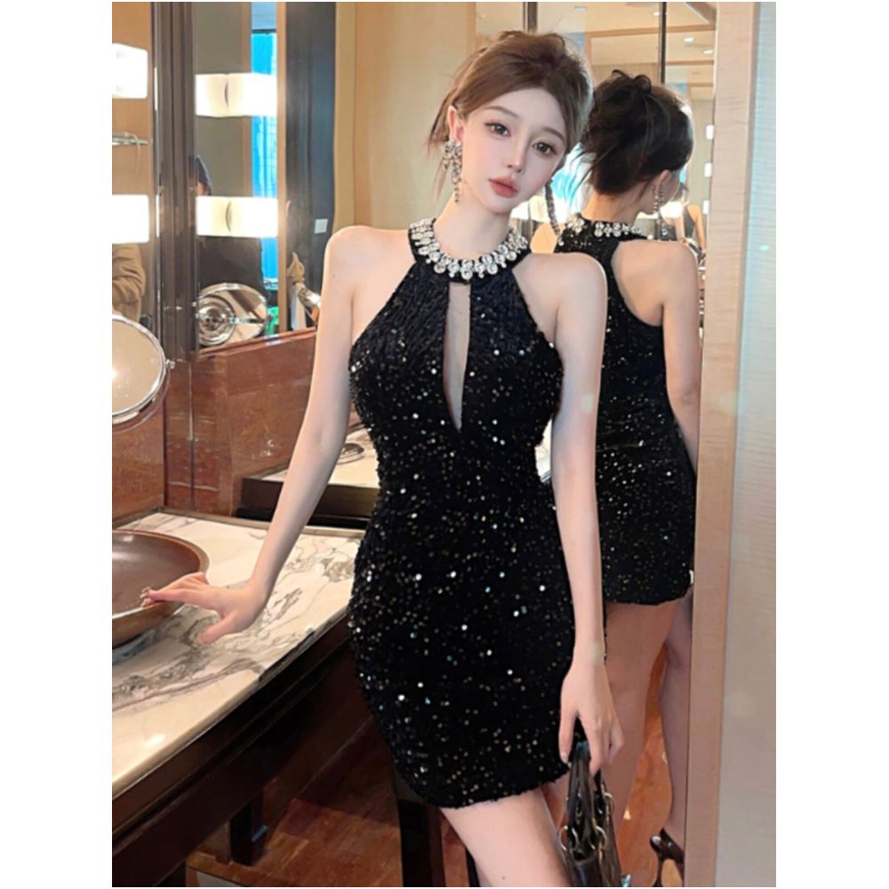 High end light luxury sexy socialite heavy industry sequin inlaid diamond dress with temperament high waist slim fit slimming and hip hugging dress image 1