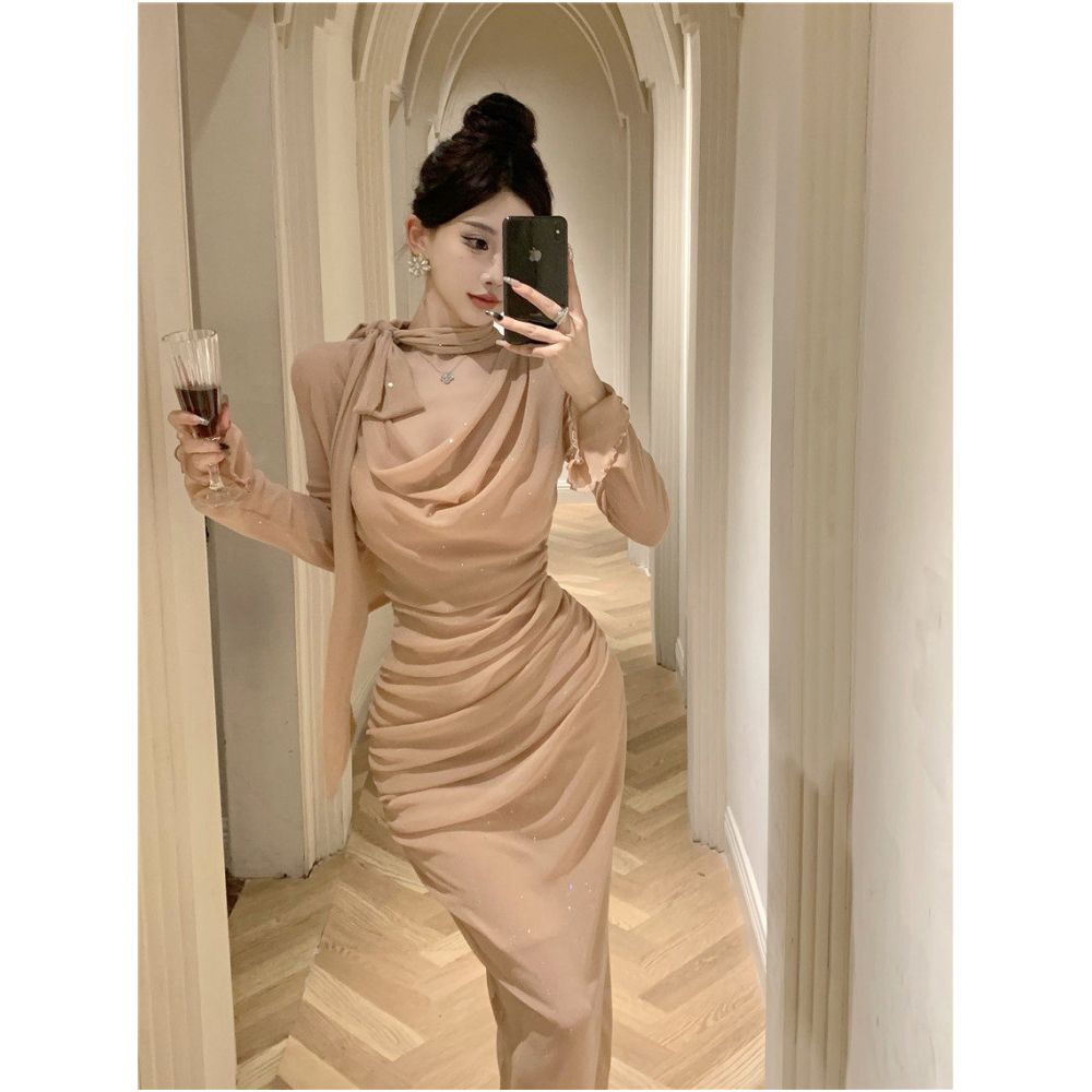 Sparkling bow tie loose collar flared sleeves waist cinching pleated mid length slimming dress 2025 autumn women s clothing image 0
