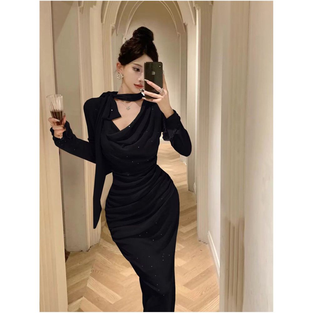 Sparkling bow tie loose collar flared sleeves waist cinching pleated mid length slimming dress 2025 autumn women s clothing image 1