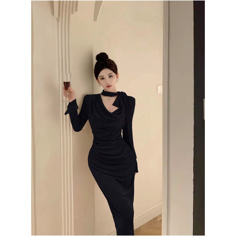 Sparkling bow tie loose collar flared sleeves waist cinching pleated mid length slimming dress 2025 autumn women s clothing image 3