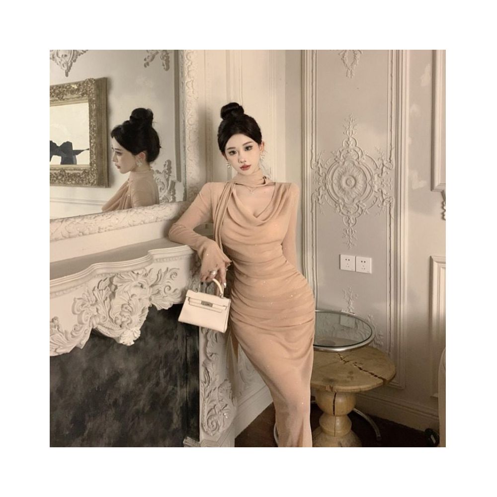 Sparkling bow tie loose collar flared sleeves waist cinching pleated mid length slimming dress 2025 autumn women s clothing image 4