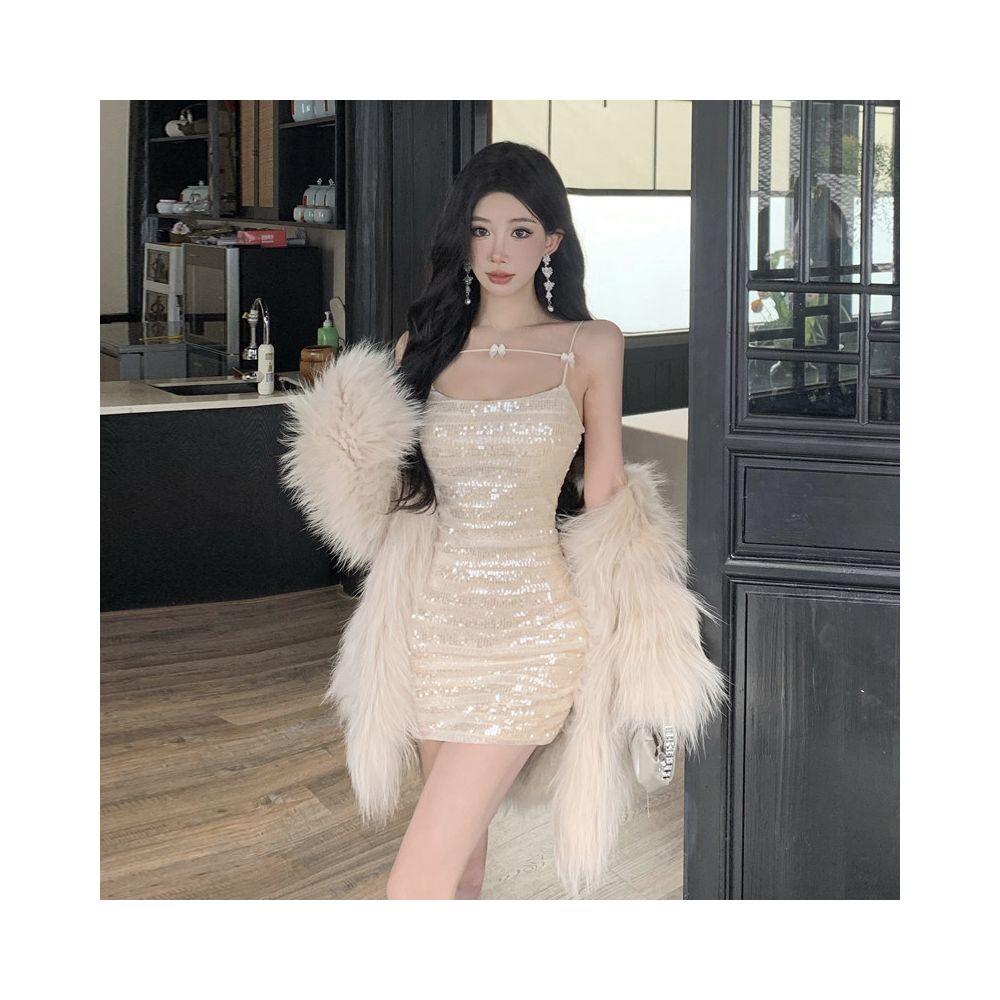 Heavy industry sequin high end spicy girl inner outfit temperament camisole skirt French pure desire waist cinching slimming wrap hip dress