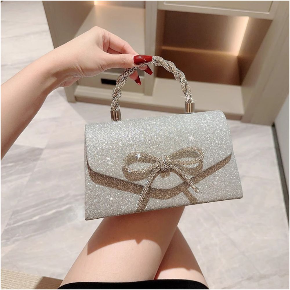 New fashionable and high end banquet bag versatile dress European and American hand held crossbody socialite diamond studded bow chain bag image 1