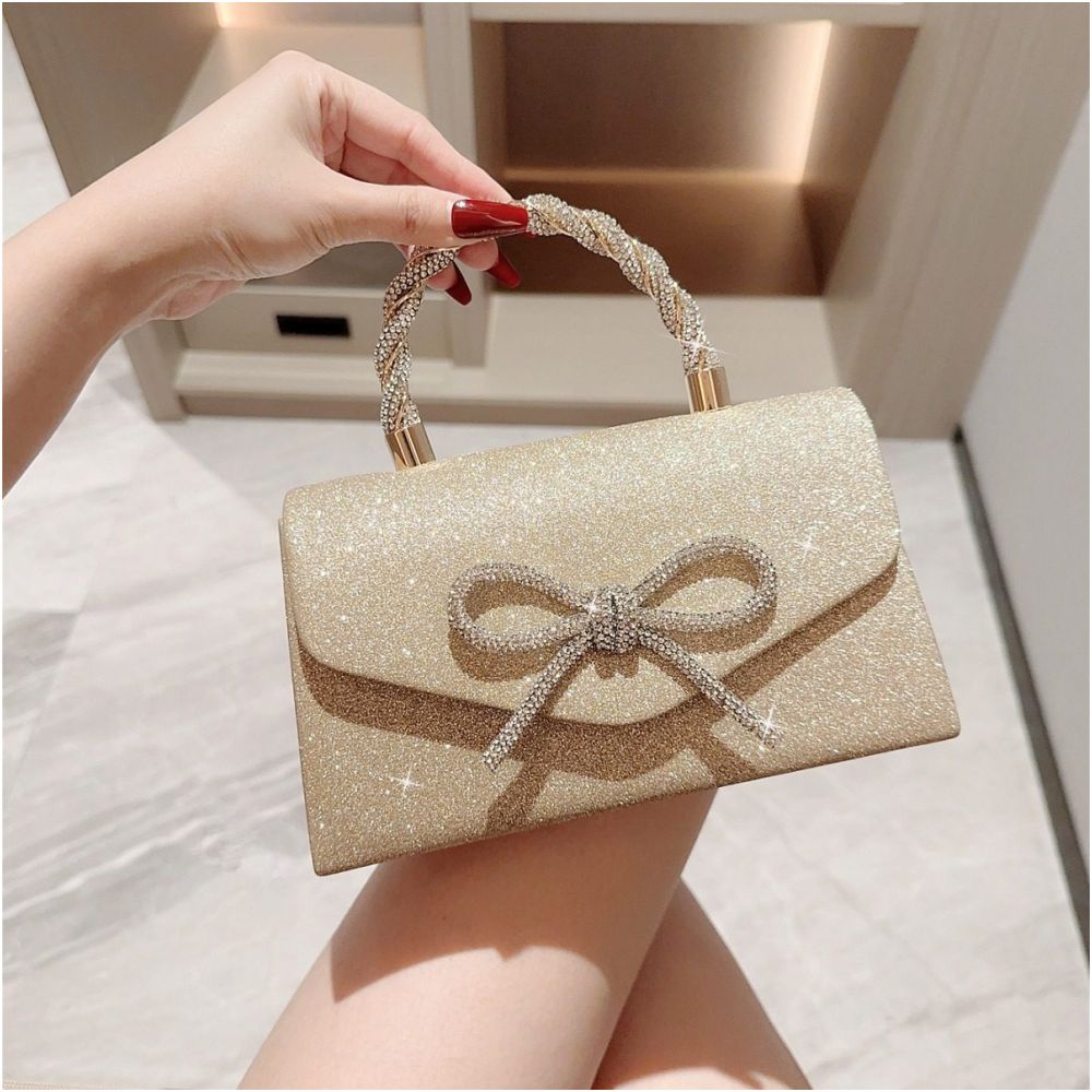 New fashionable and high end banquet bag versatile dress European and American hand held crossbody socialite diamond studded bow chain bag image 3