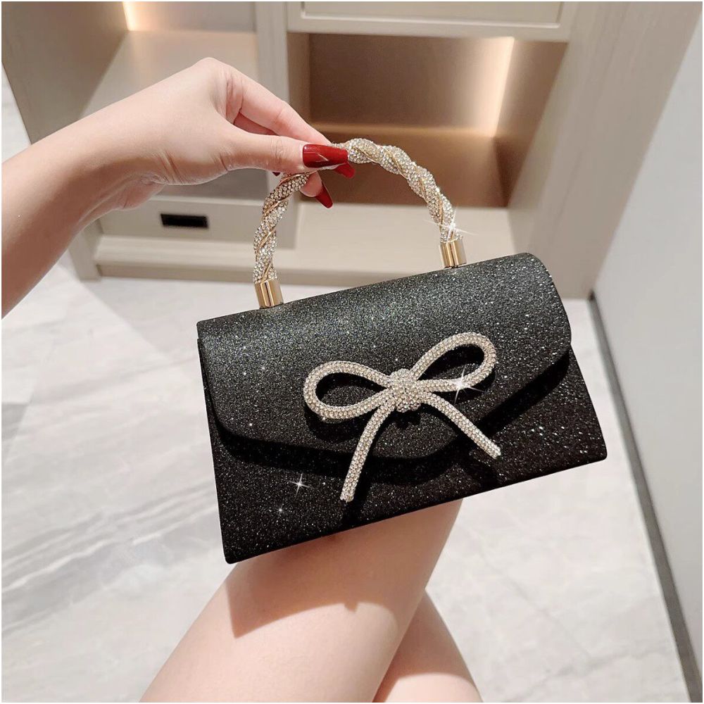 New fashionable and high end banquet bag versatile dress European and American hand held crossbody socialite diamond studded bow chain bag