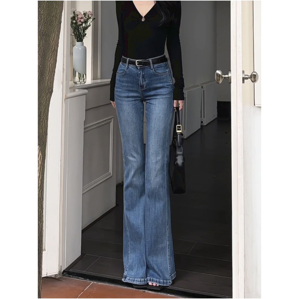 Retro blue micro flared jeans for women in autumn 2025 loose and slimming elastic trumpet horseshoe shaped floor length pants image 3