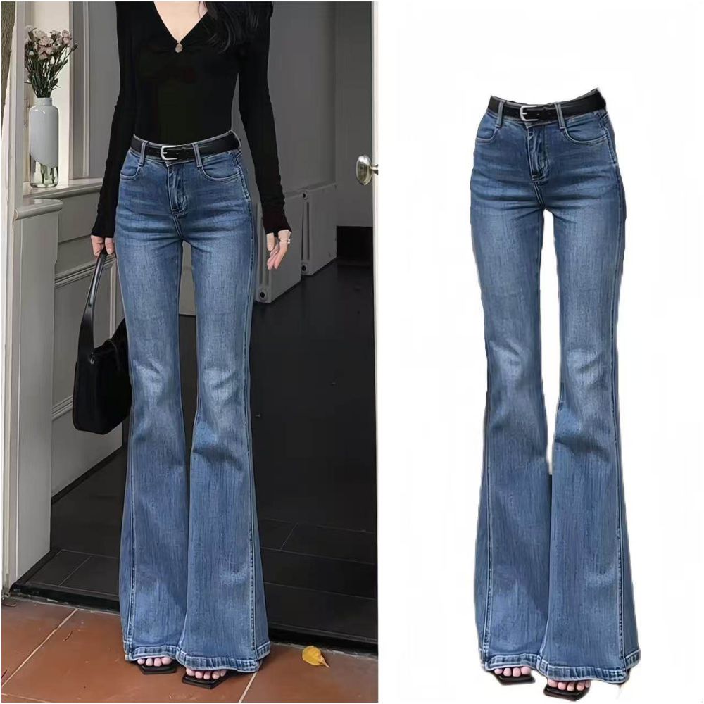 Retro blue micro flared jeans for women in autumn 2025 loose and slimming elastic trumpet horseshoe shaped floor length pants