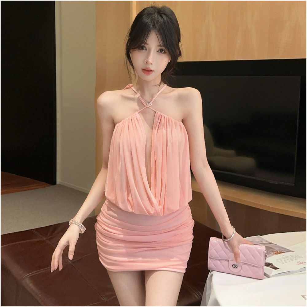 Internet celebrity pure desire sexy style low cut hanging neck dress with hollowed out pleats at the back for slimming and slimming pleated hip hugging short skirt image 1