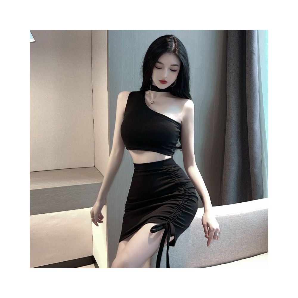Internet celebrity sexy hot girl western style street style explosion sloping collar off shoulder short sleeveless top drawstring waist wrapped skirt two piece set image 4