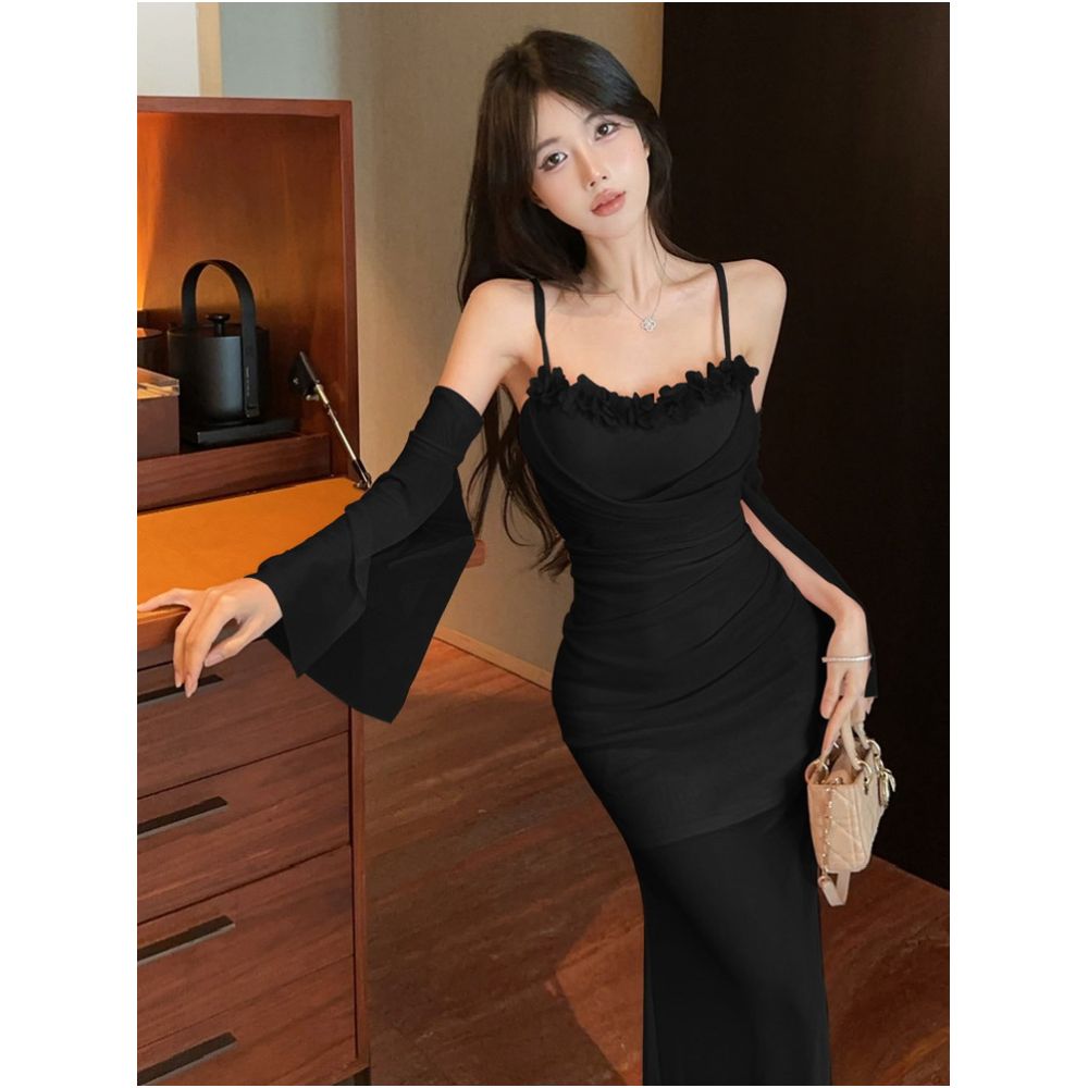Gentle style sweet and sexy mesh suspender dress with chest cushion pure desire high waist slim fit slimming medium length strapless skirt image 1