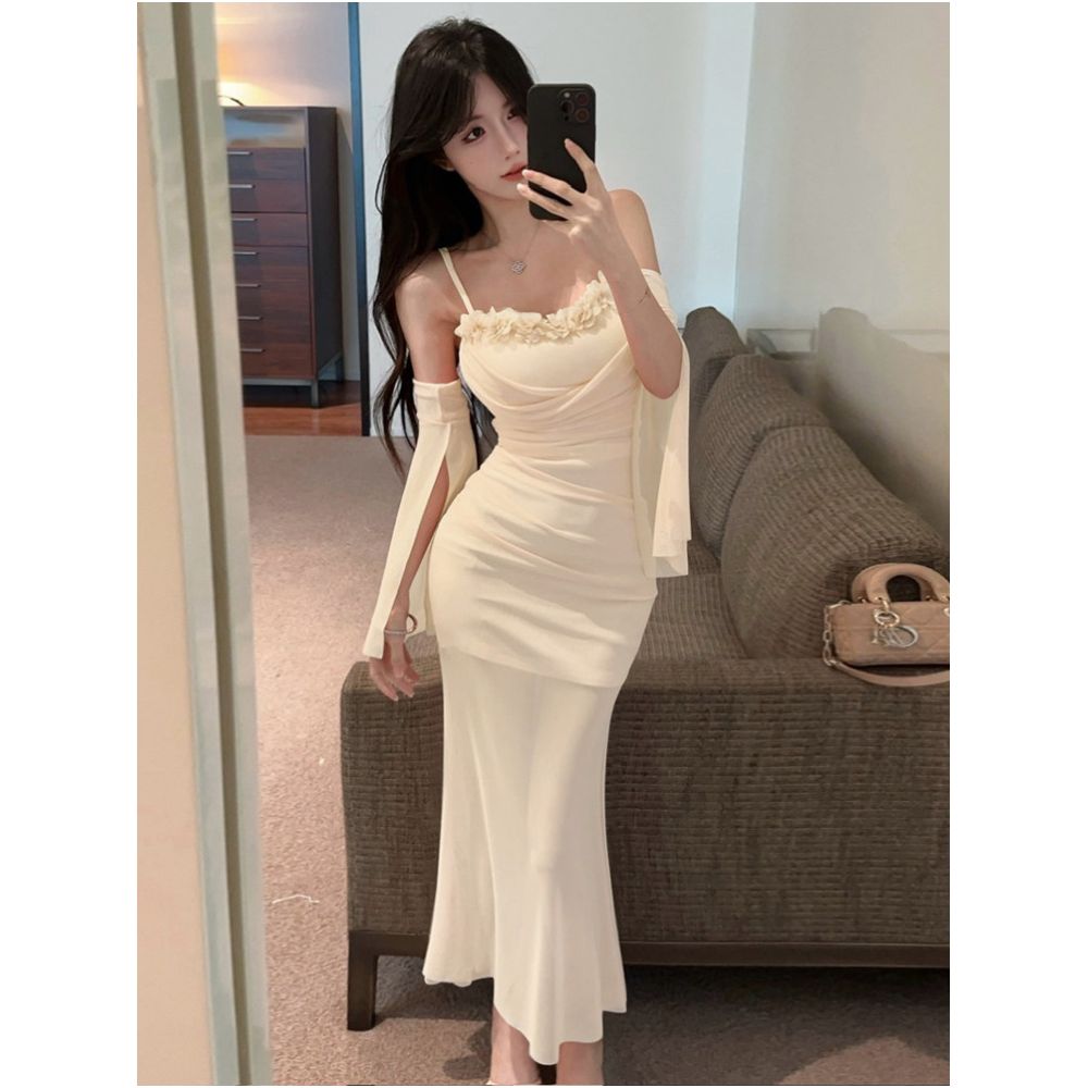 Gentle style sweet and sexy mesh suspender dress with chest cushion pure desire high waist slim fit slimming medium length strapless skirt image 2