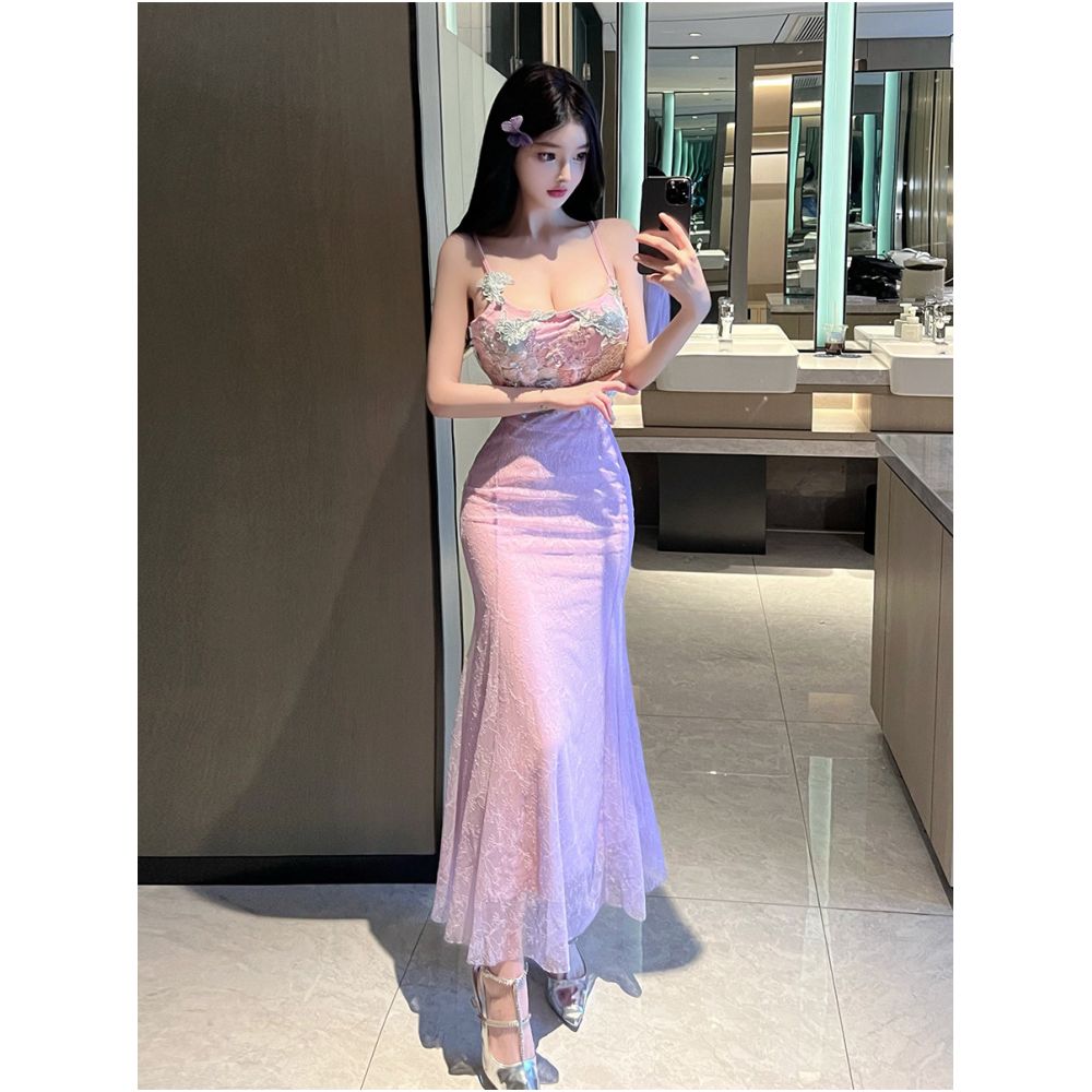 2025 Summer New French Pure Desire Lace Mesh Strap Dress with High Quality and Elegant Fishtail Wrapped Butt Skirt image 3