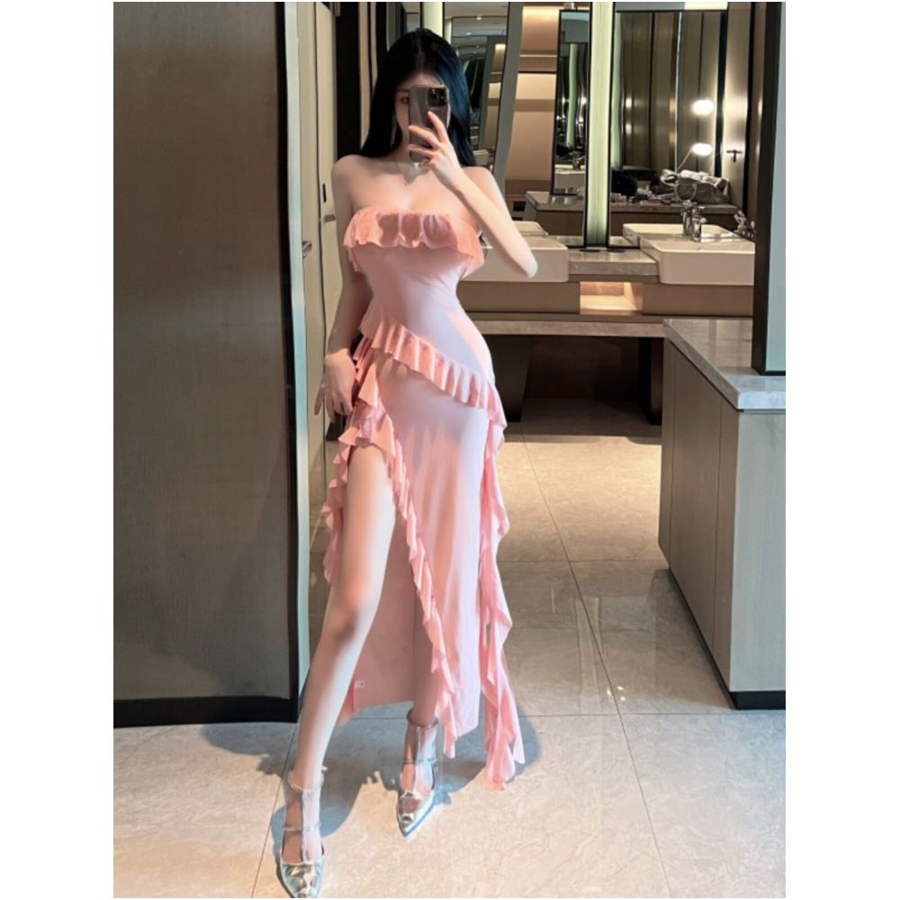 French sexy ruffled strapless dress for women s summer seaside vacation style irregular waist cinching and slit long skirt image 4