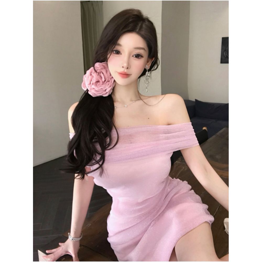 Pure desire style sexy pink strapless dress for women with a sense of luxury small stature temperament waist cinching and slimming hip hugging short skirt image 2