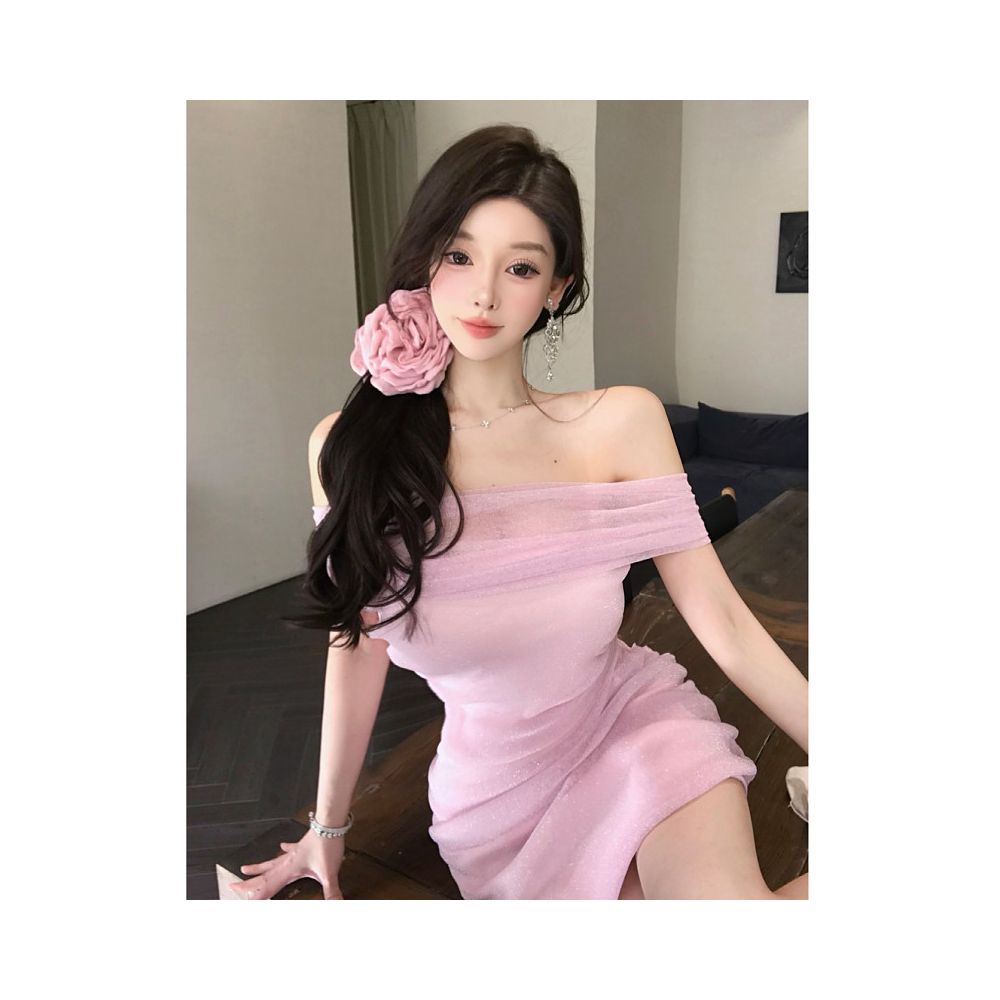 Pure desire style sexy pink strapless dress for women with a sense of luxury small stature temperament waist cinching and slimming hip hugging short skirt