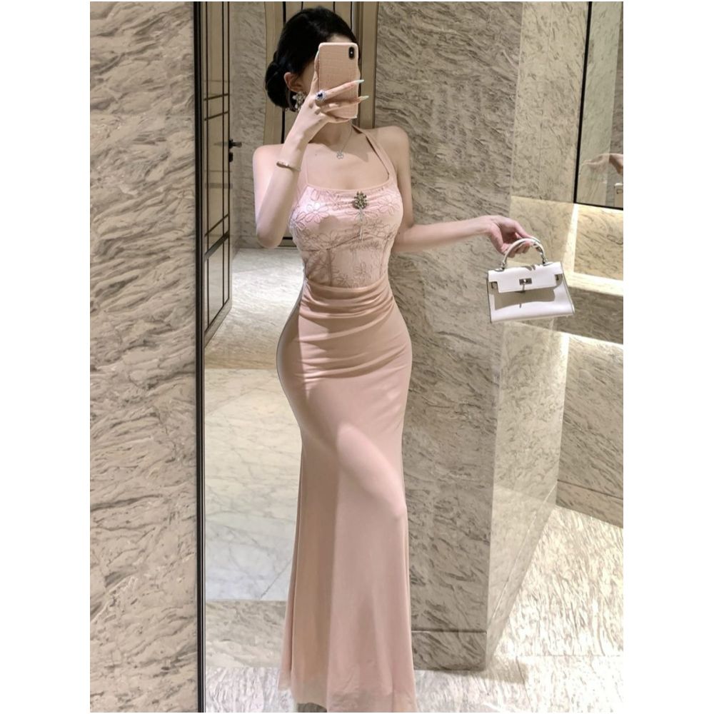 Rich heiress pink mesh patchwork sleeveless hanging neck dress with elegant temperament socialite waist bag and buttocks collection dress summer image 0