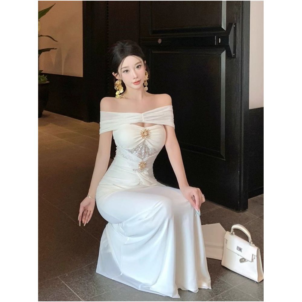 French style unique and beautiful white one shoulder dress women s summer high end sexy birthday dress waist cinching long dress image 2