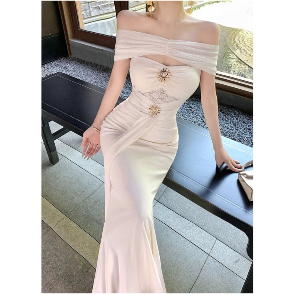 French style unique and beautiful white one shoulder dress women s summer high end sexy birthday dress waist cinching long dress image 4