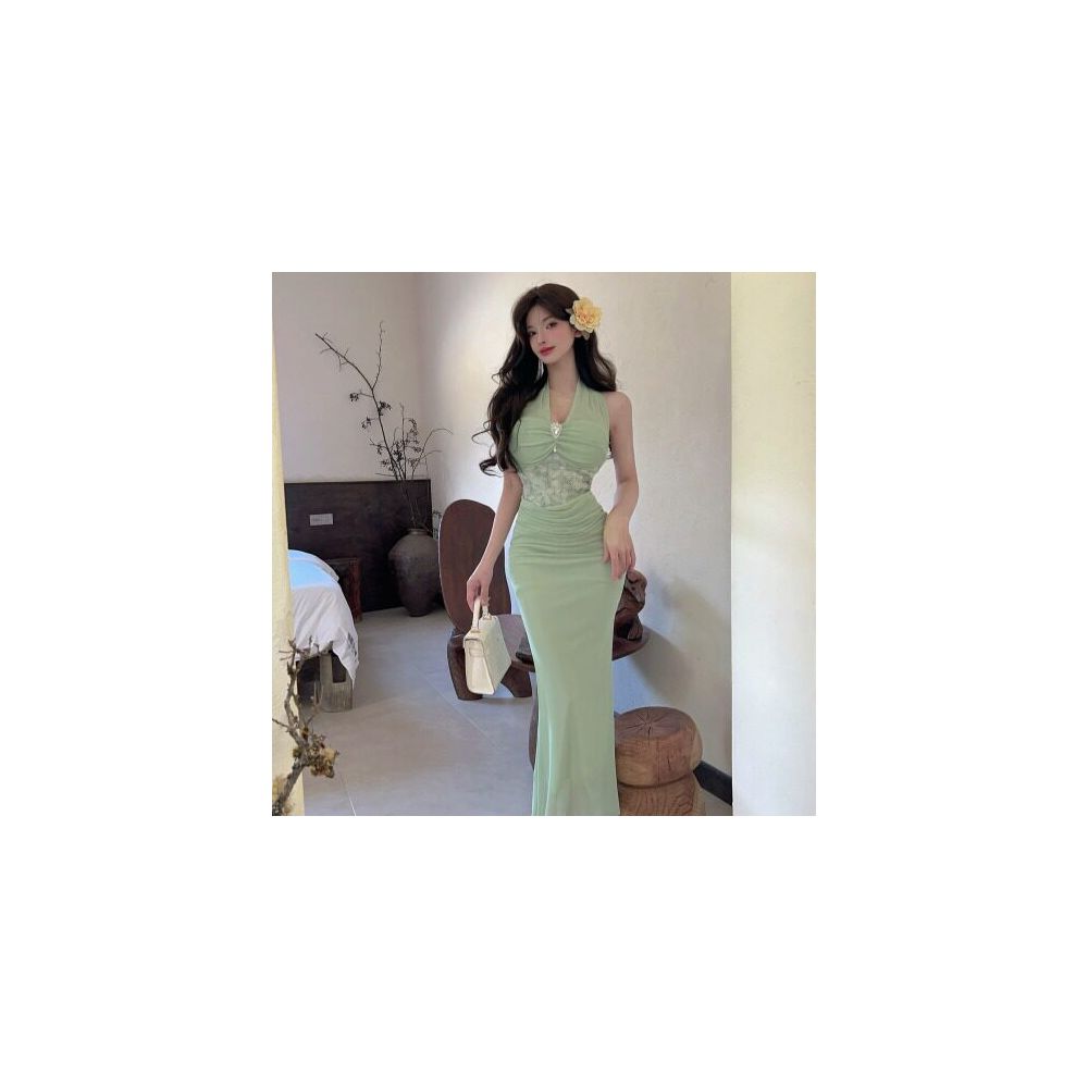 Dress sexy pure desire three dimensional jacquard hanging neck design niche waist cinching slimming temperament hip hugging fish tail dress