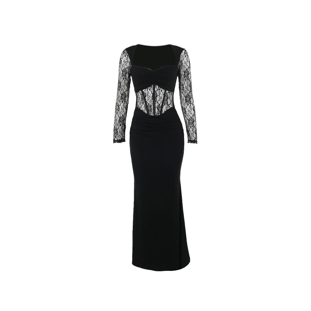 GirlsAt18 sexy black lace long sleeved dress women s French style dress long skirt slim fit fishtail skirt image 5