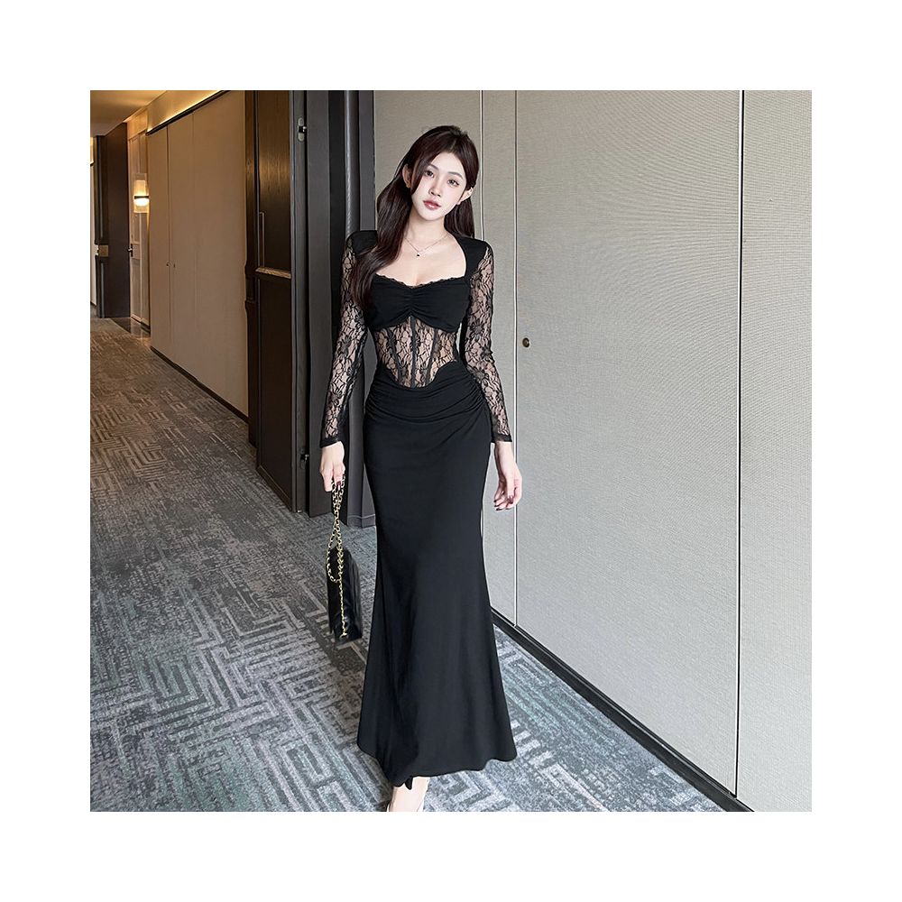 GirlsAt18 sexy black lace long sleeved dress women s French style dress long skirt slim fit fishtail skirt