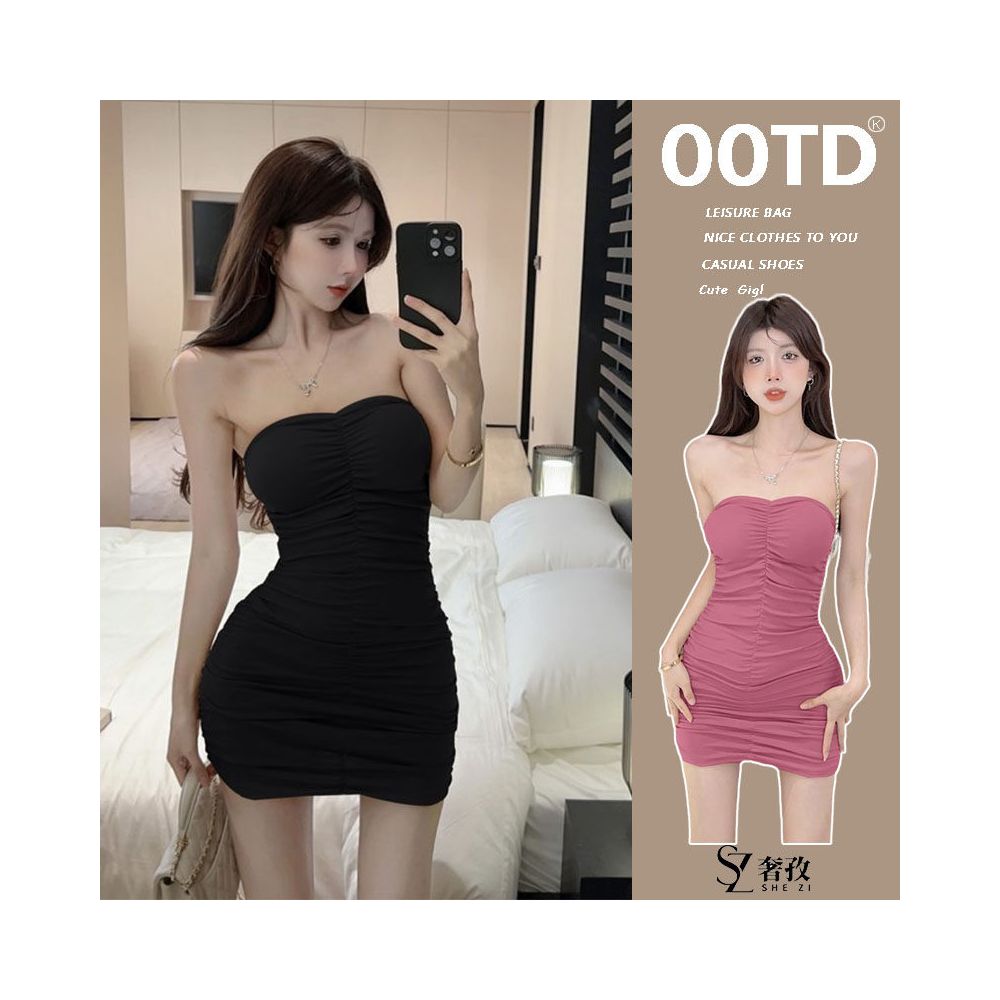 Pure desire sexy with chest cushion strapless dress women s summer new black tight pleated spicy girl hip hugging short skirt image 0