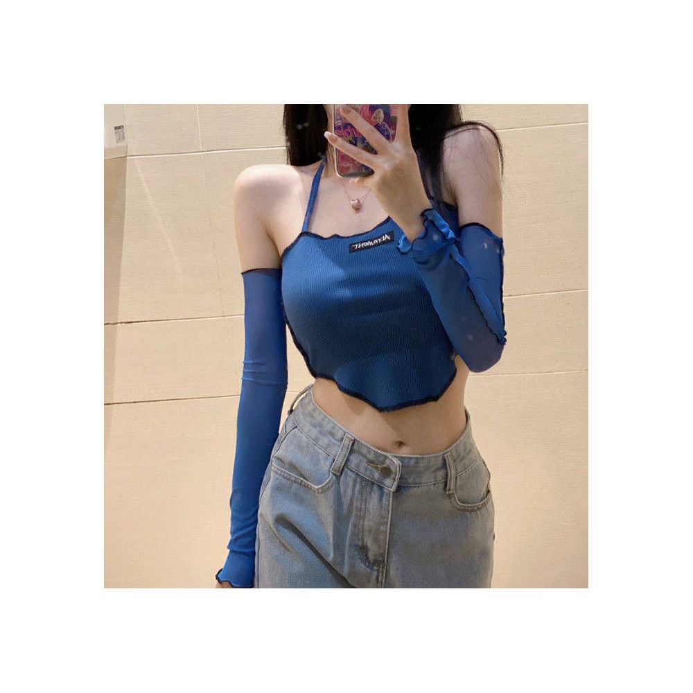 KLIOU American Retro Neck Hanging Strap Short Off Shoulder T shirt with Heart Machine Design and Sleeve Top for Women Autumn image 0