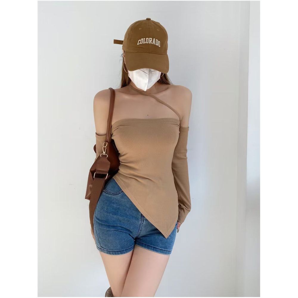 Pure Desire Wind Sexy One Neck Spicy Girl Long Sleeve T shirt Design Sense Spring Summer New Women s Irregular Bottom Shirt Top image 4