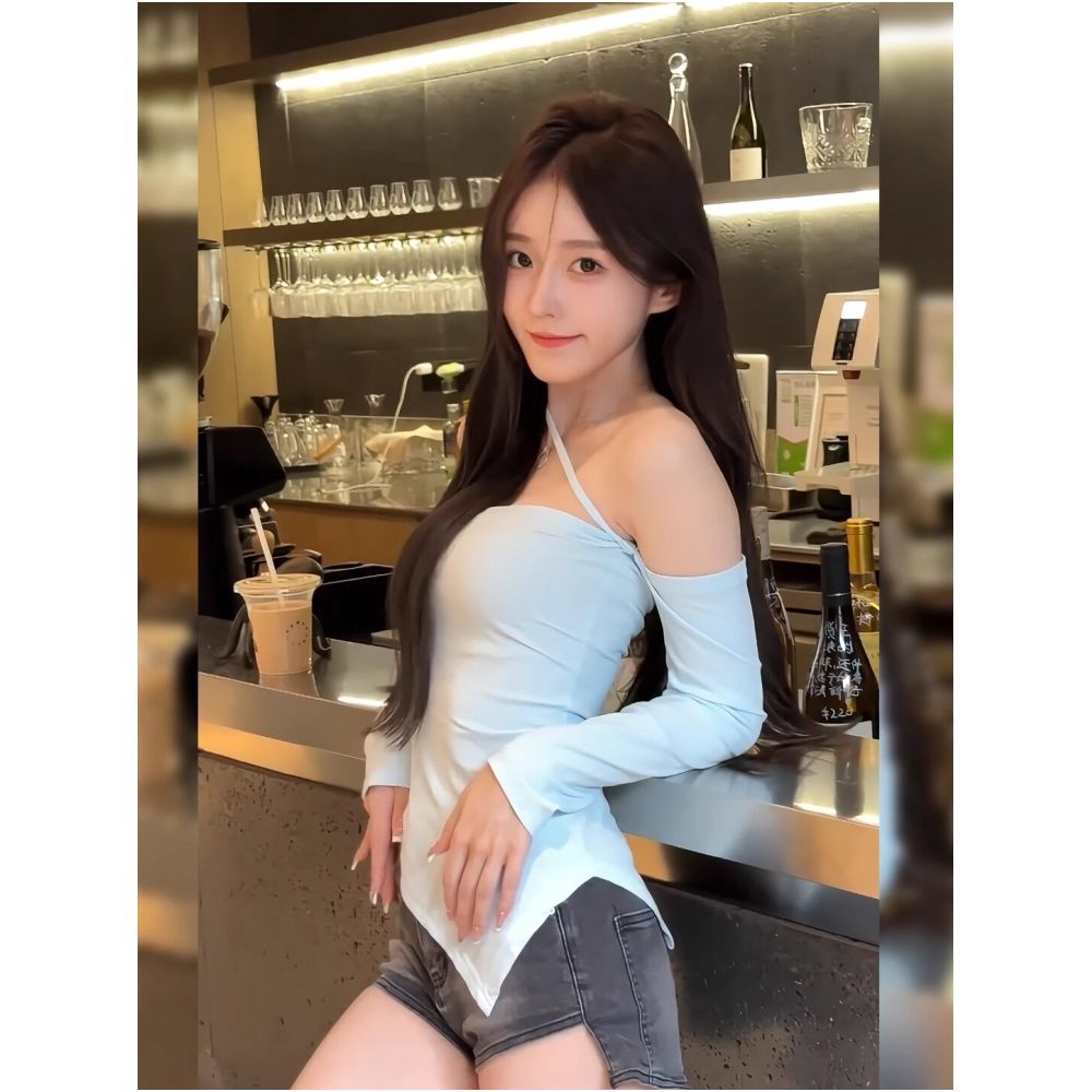 Pure desire spicy girl hanging neck off the shoulder with interior design niche top sexy one shoulder long sleeved suspender T shirt for women image 0