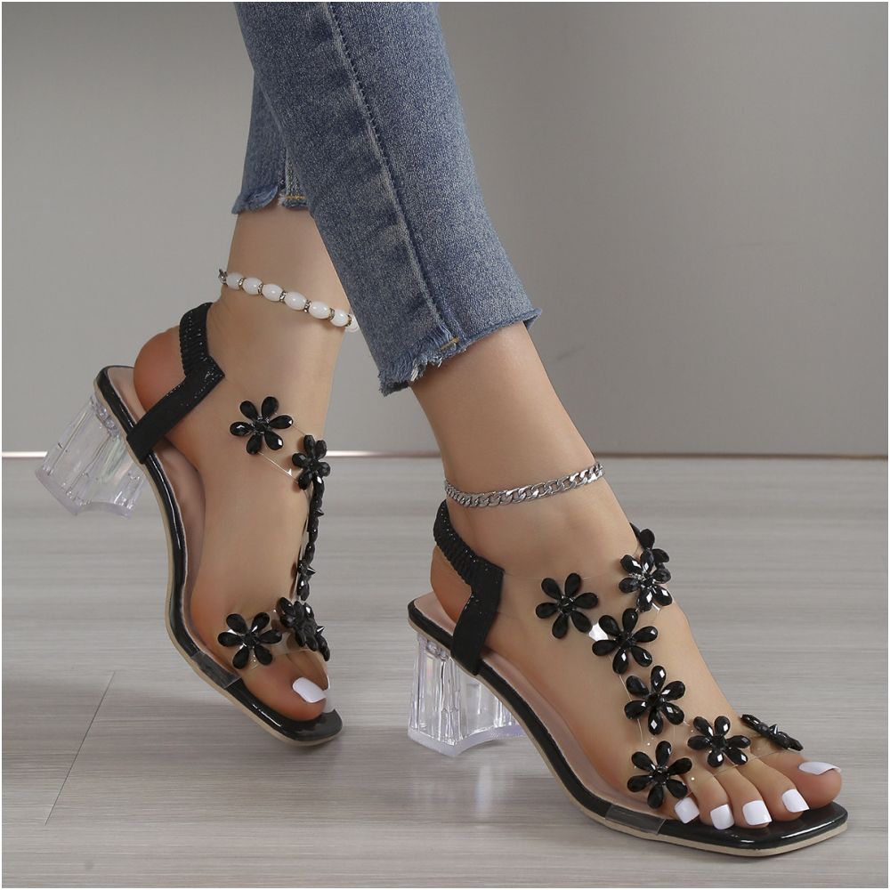 2025 Summer New Foreign Trade Large Sandals for Women Coarse Heels with rhinestones and open toe High Heels Elastic and Fashionable Women s Shoes image 1