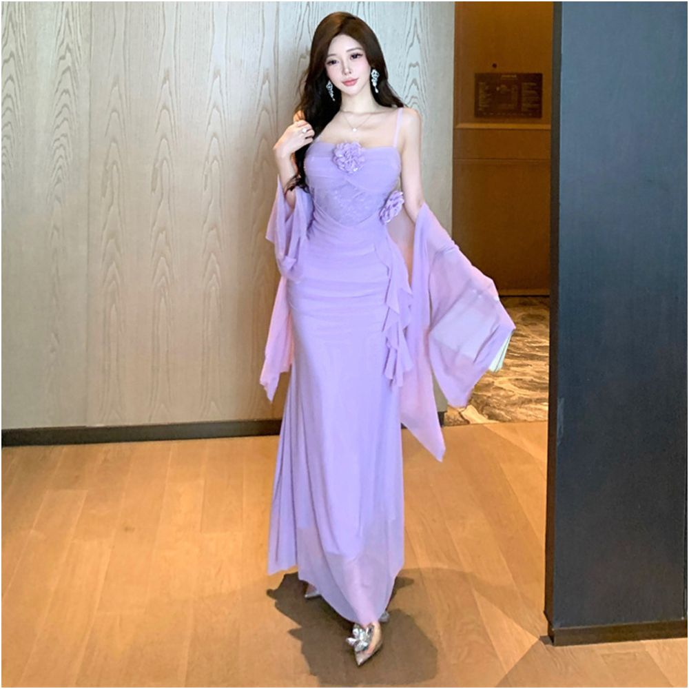 Romantic and sexy three dimensional flower mesh pure desire style slim fit pleated mesh long suspender dress cardigan set image 2