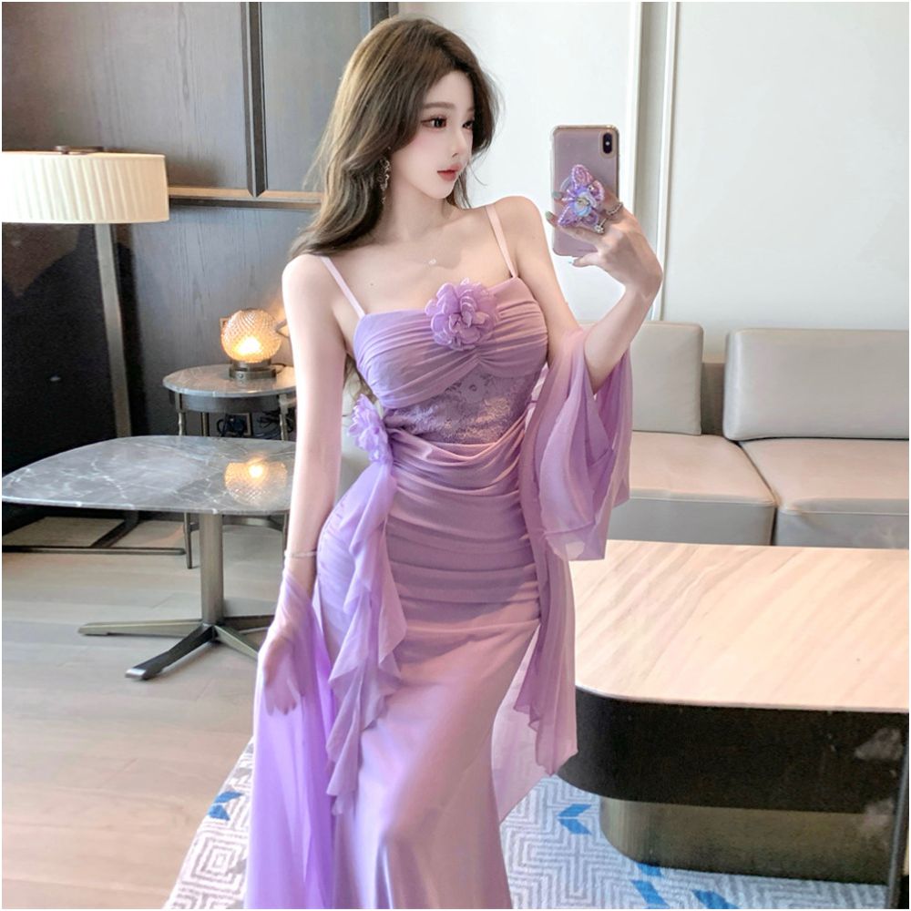Romantic and sexy three dimensional flower mesh pure desire style slim fit pleated mesh long suspender dress cardigan set
