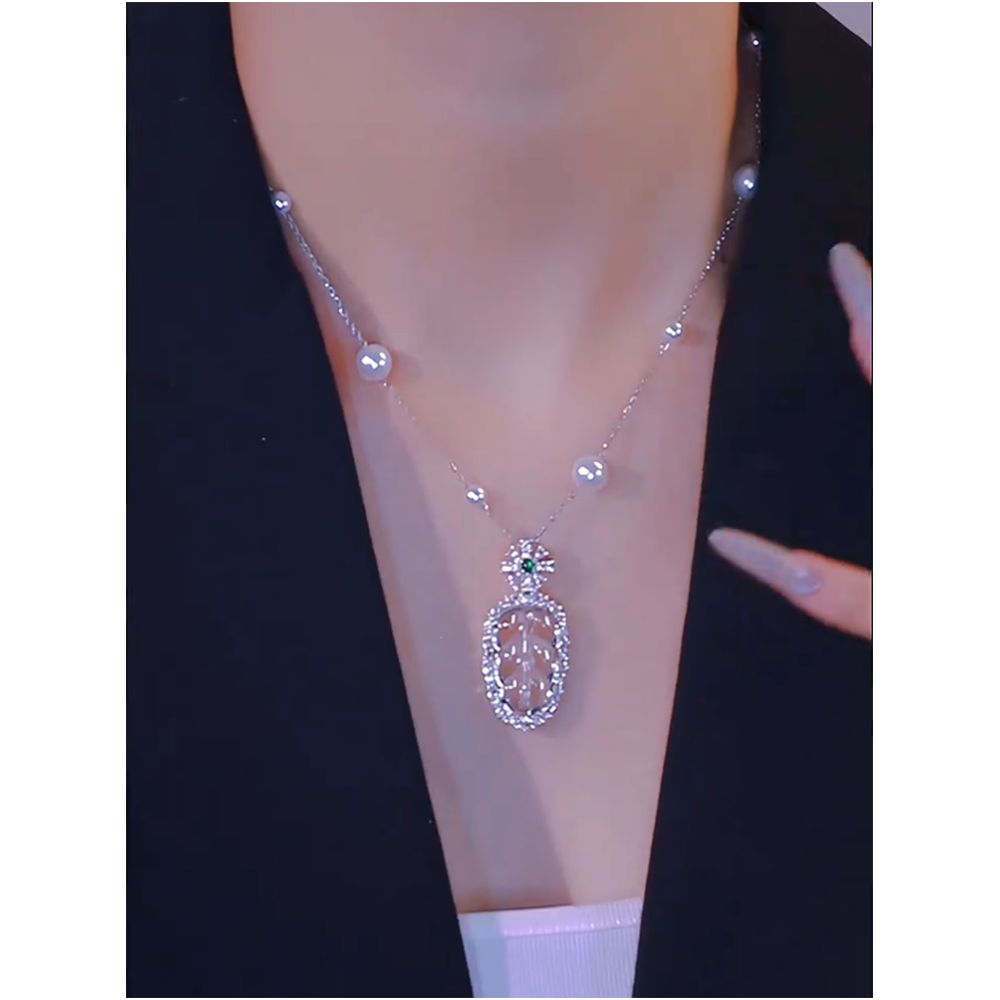 Chinese style gold branches jade leaves popular pearl pendant with diamonds niche high texture temperament light luxury popular collarbone chain trend image 1