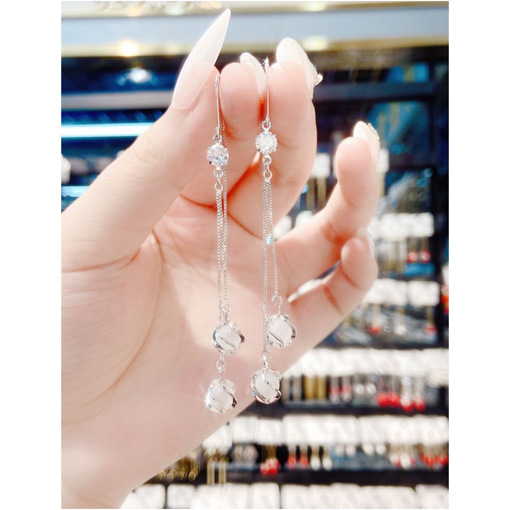 S925 pure silver earrings for women 2021 new fashionable long style cat eye stone tassel ear line super fairy temperament anti loss earrings image 0