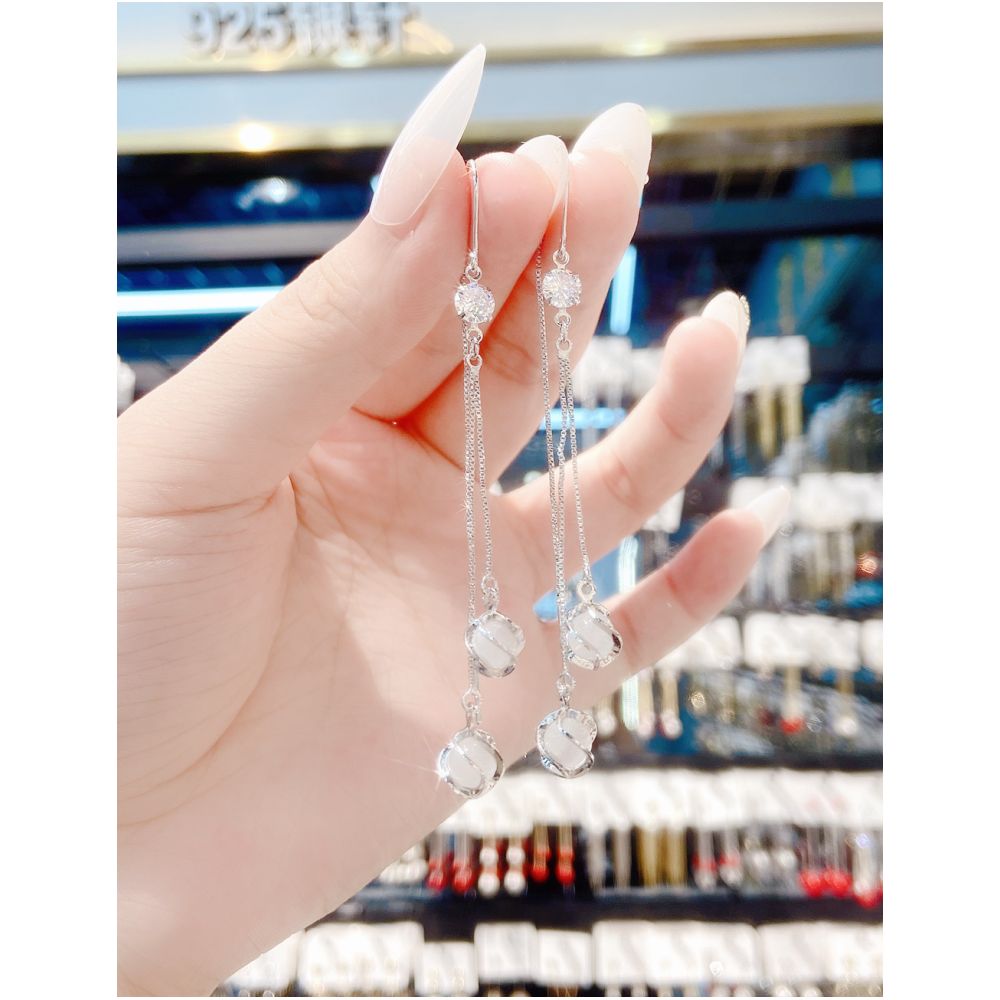 S925 pure silver earrings for women 2021 new fashionable long style cat eye stone tassel ear line super fairy temperament anti loss earrings image 2