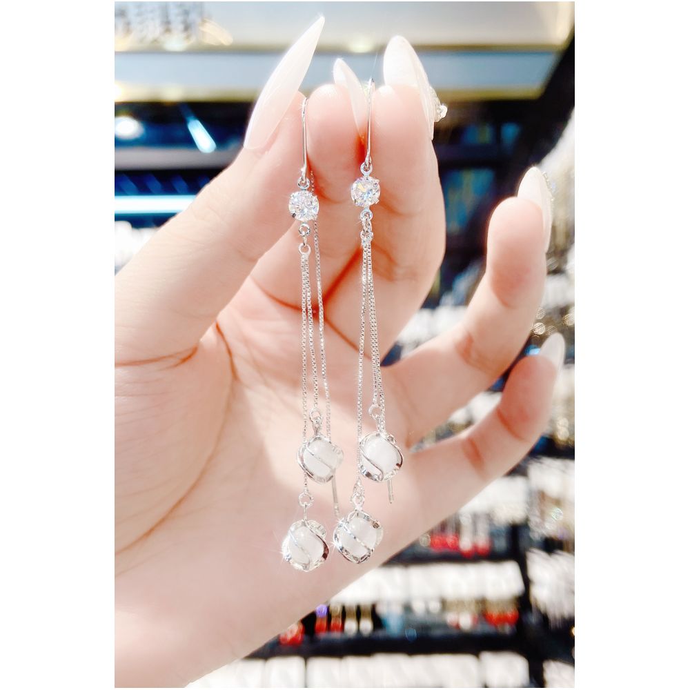 S925 pure silver earrings for women 2021 new fashionable long style cat eye stone tassel ear line super fairy temperament anti loss earrings image 4