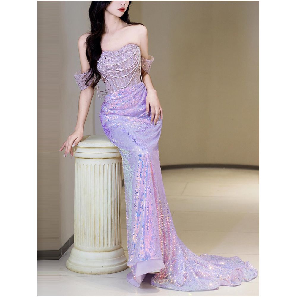 Light luxury niche one shoulder evening gown banquet fish tail French super fairy engagement dress bride high end sequin toast dress image 3