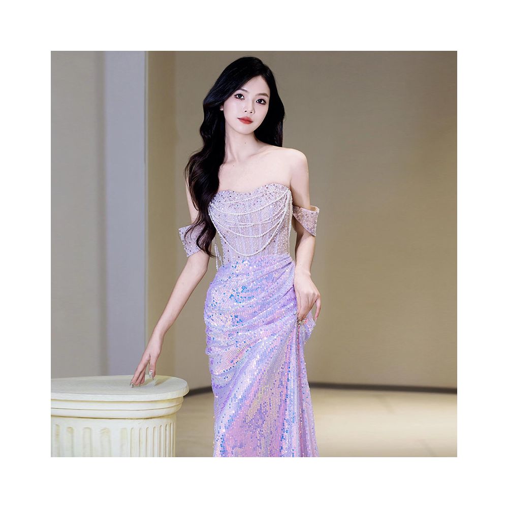 Light luxury niche one shoulder evening gown banquet fish tail French super fairy engagement dress bride high end sequin toast dress