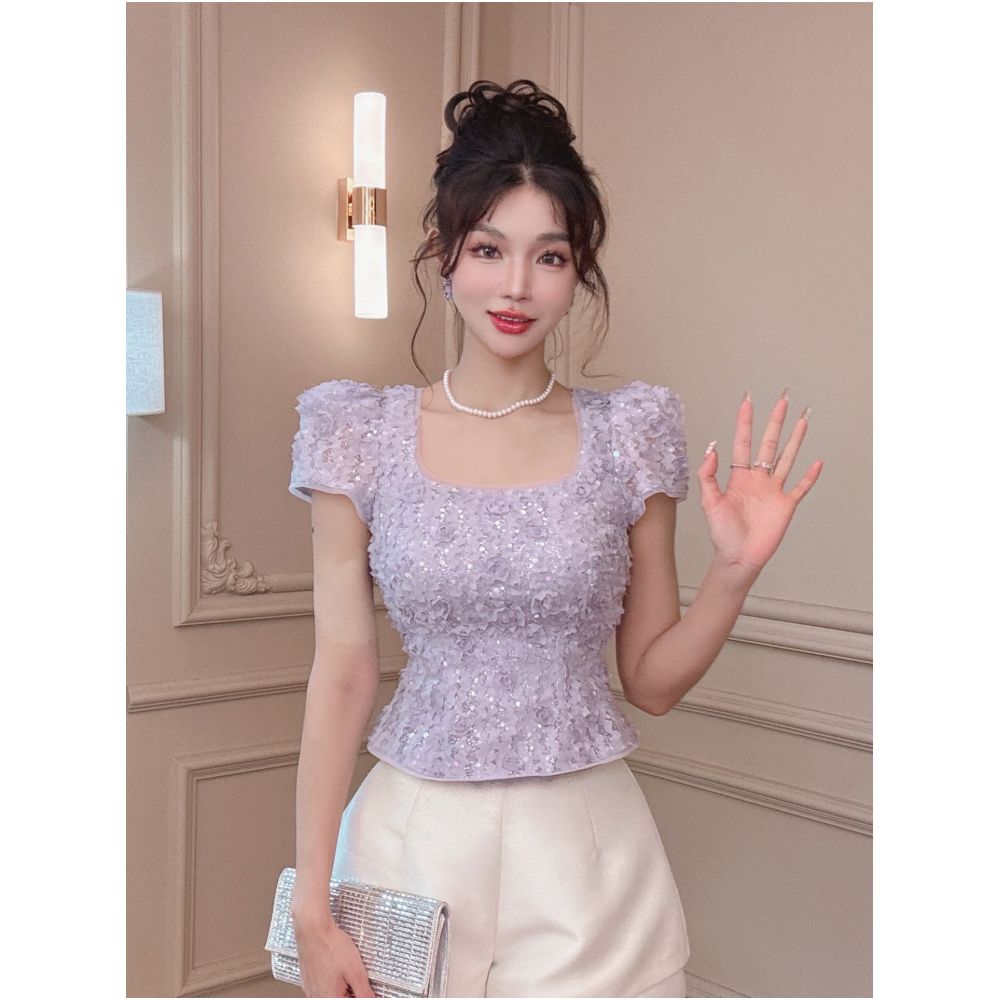 European style square neck French collarbone top for women summer 2026 new style sequined elegant slim fit short sleeves image 0