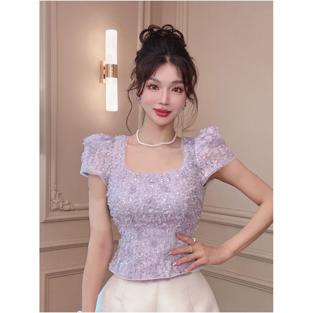 European style square neck French collarbone top for women summer 2026 new style sequined elegant slim fit short sleeves image 1